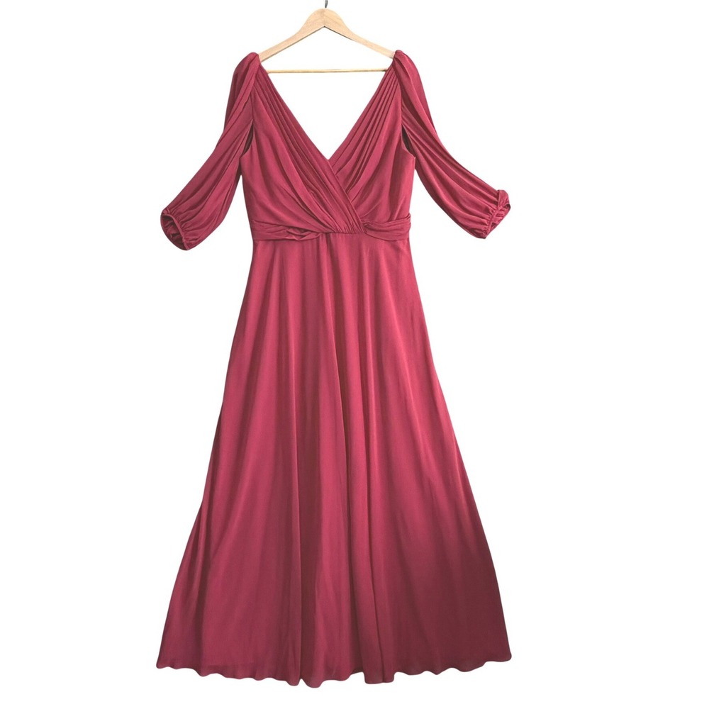 Jenny Packham Bridesmaids‎ Deep Red V Neck Empire Waist Chiffon Gown Maxi Dress